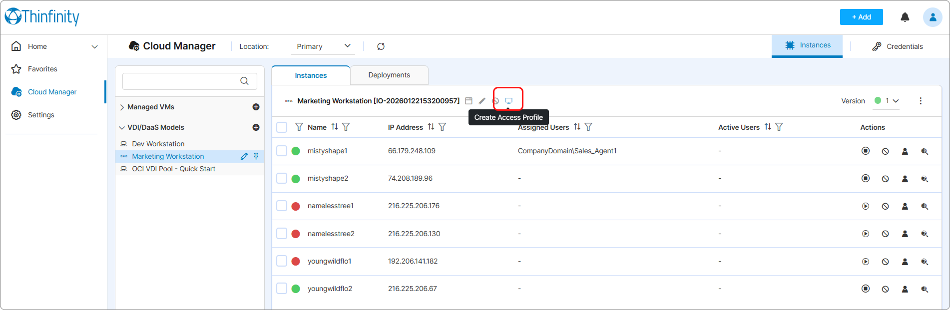 Create Access Profile icon in the VDI/DaaS model header