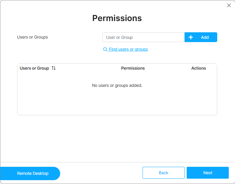 Permissions step with at least one user or group added Permissions step with at least one user or group added