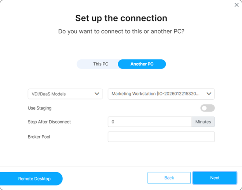 Set up the connection step for a VDI/DaaS model with Use Staging visible