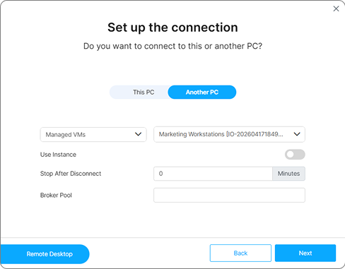 Set up the connection step with Use Instance enabled and Available instances dropdown open Set up the connection step with Use Instance enabled and Available instances dropdown open