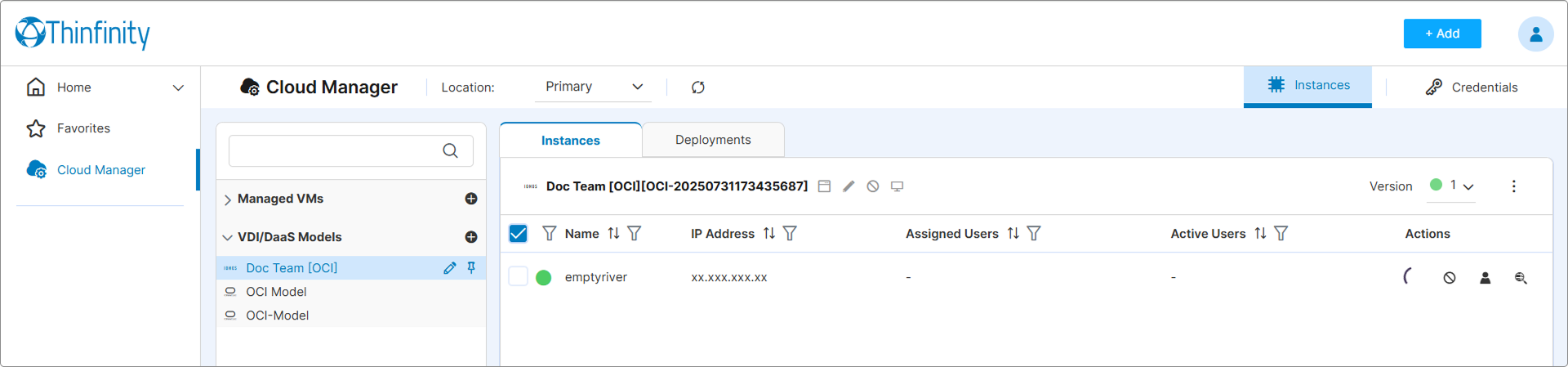 Instances tab for a VDI/DaaS Model — Instances and Deployments sub-tabs with Version selector Instances tab for a VDI/DaaS Model — Instances and Deployments sub-tabs with Version selector