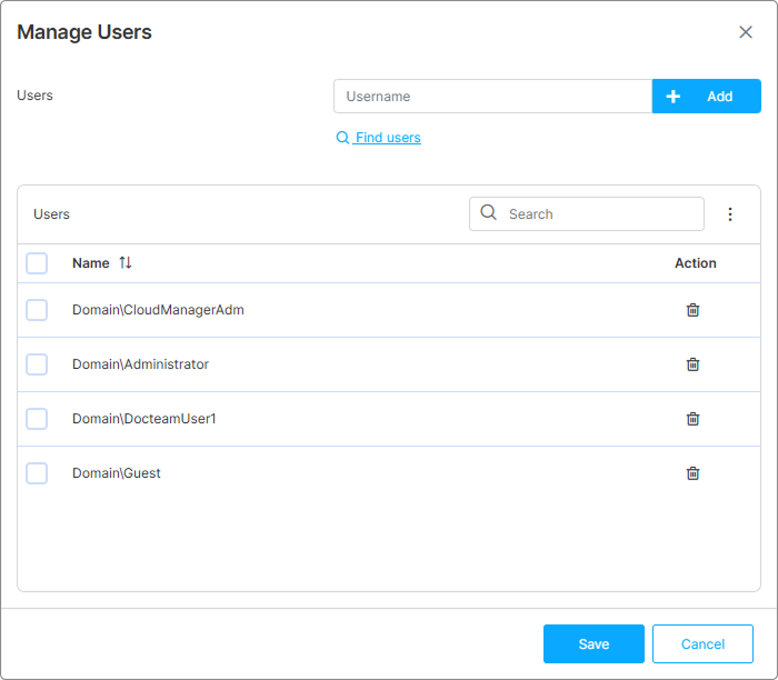 Manage Users dialog with four users in the assignment list