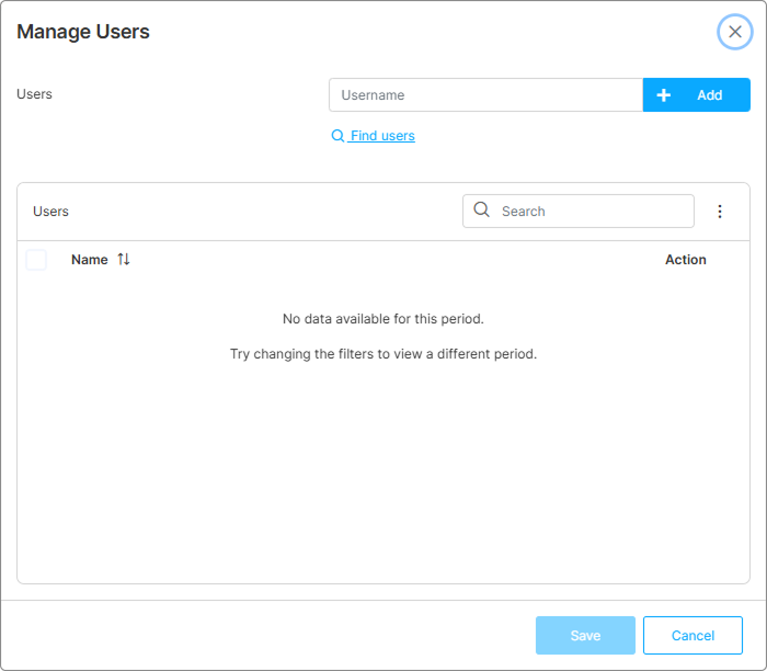 Manage Users dialog — empty state with the user search input visible