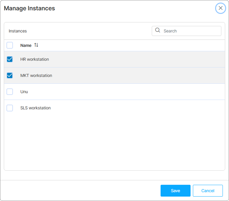 Manage Instances dialog showing the checklist of available VMs