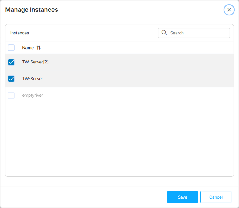 Manage Instances dialog with several VMs checked and the Save button visible Manage Instances dialog with several VMs checked and the Save button visible