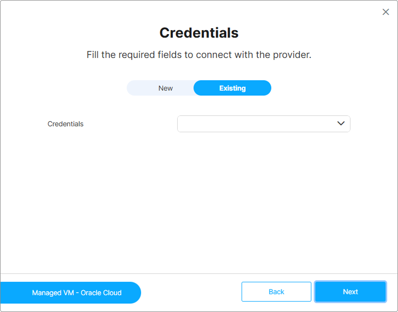 Credentials step of the Managed VM wizard showing New / Existing toggle Credentials step of the Managed VM wizard showing New / Existing toggle