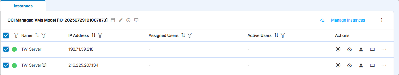 Instances tab with multiple VMs selected and the bulk actions dropdown menu open