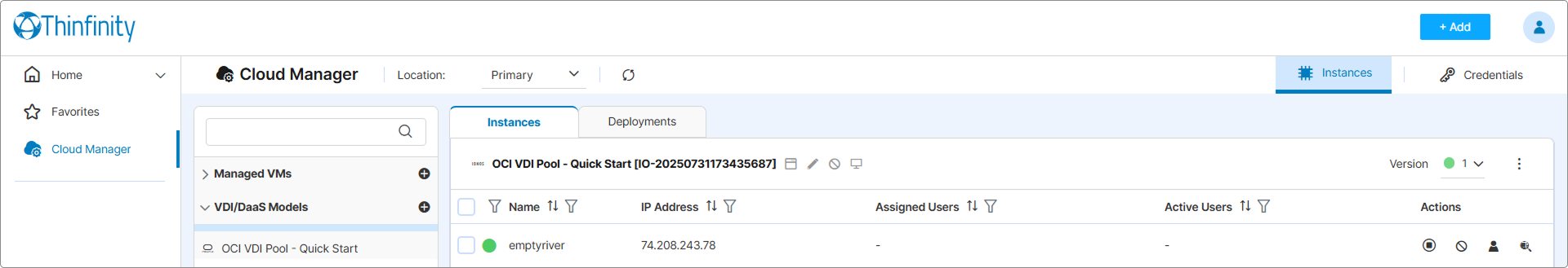 Instances tab — VDI-OCI001 instance visible with an On status badge Instances tab — VDI-OCI001 instance visible with an On status badge