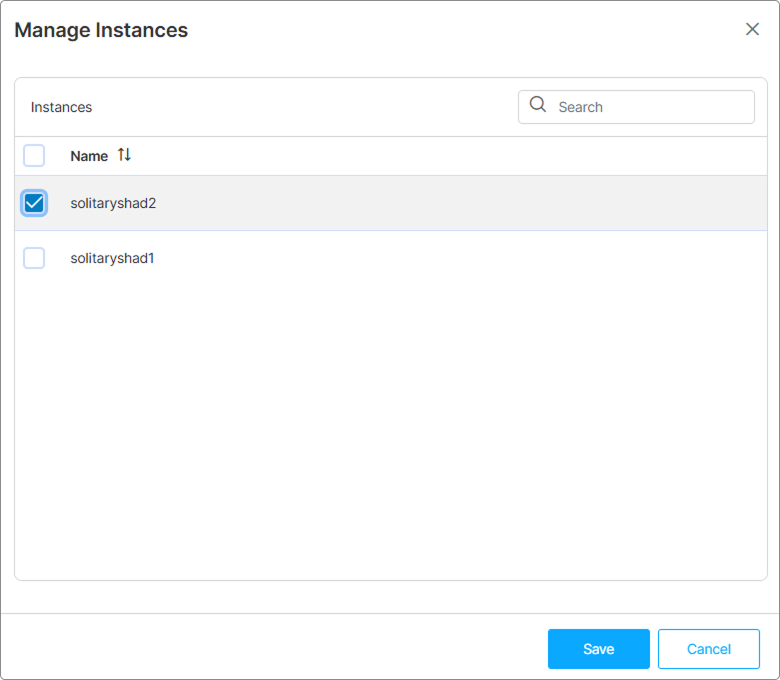 Instances Manager window — a single OCI instance checked, Save button visible Instances Manager window — a single OCI instance checked, Save button visible