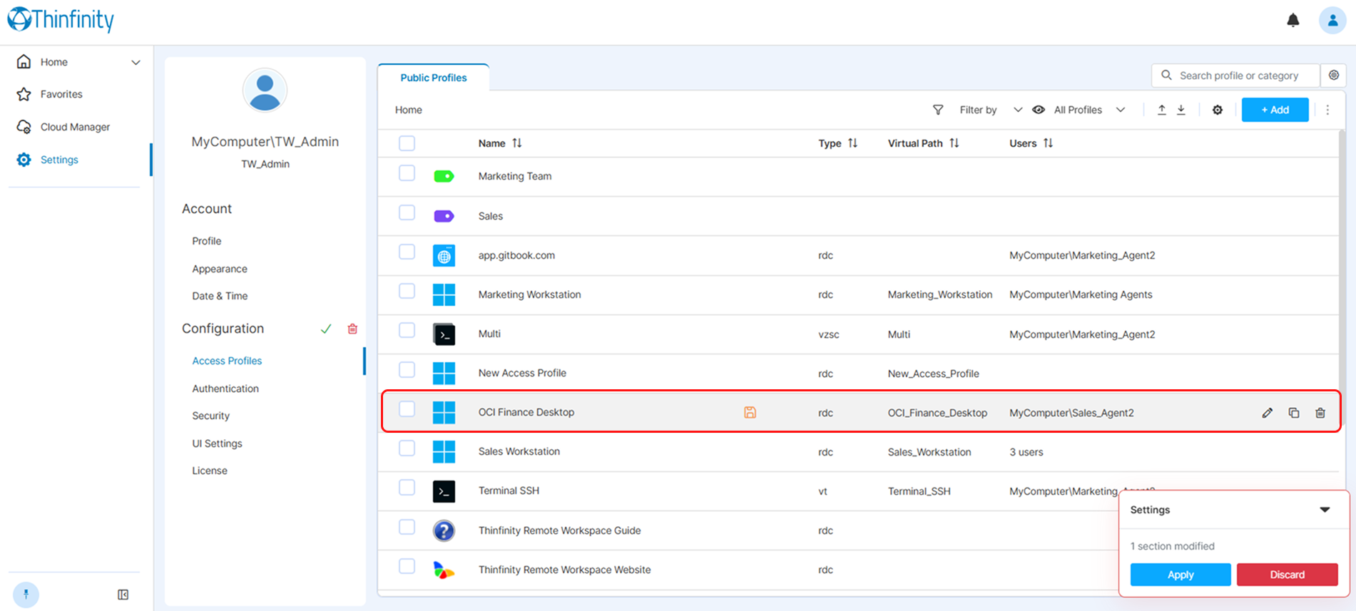 Access Profiles list — OCI Finance Desktop profile listed, Apply button highlighted Access Profiles list — OCI Finance Desktop profile listed, Apply button highlighted