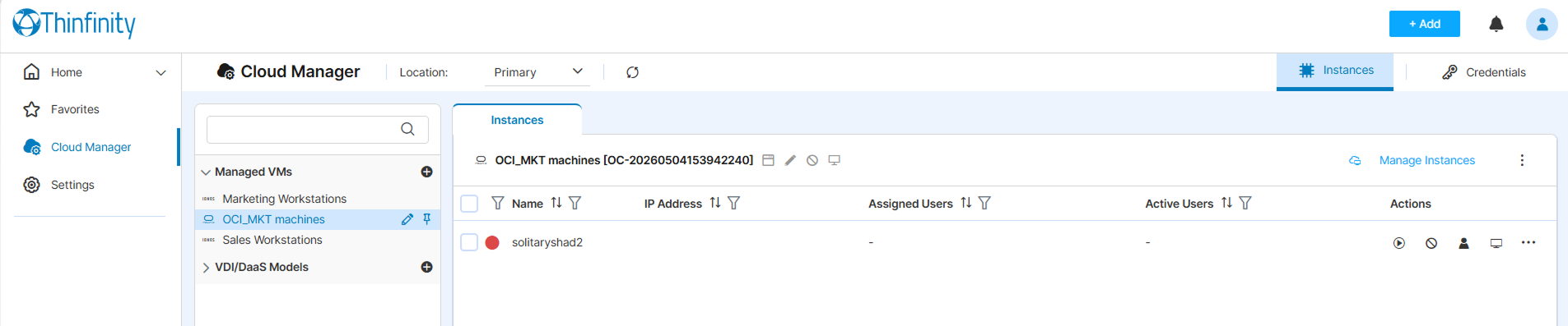 Instances tab — the registered OCI instance with an Active or Inactive status indicator Instances tab — the registered OCI instance with an Active or Inactive status indicator