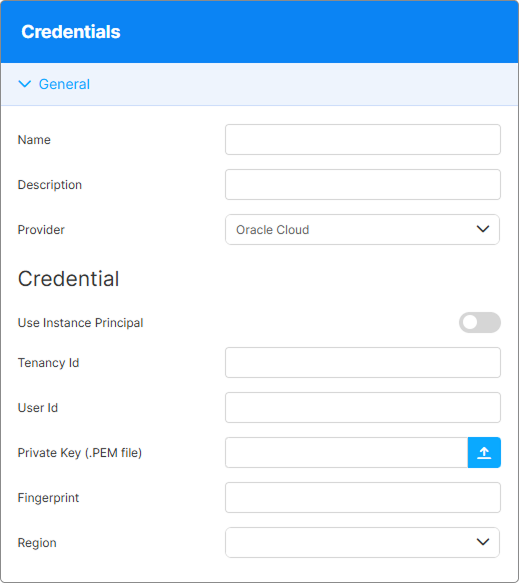 Cloud Manager OCI Credentials panel showing available fields Cloud Manager OCI Credentials panel showing available fields