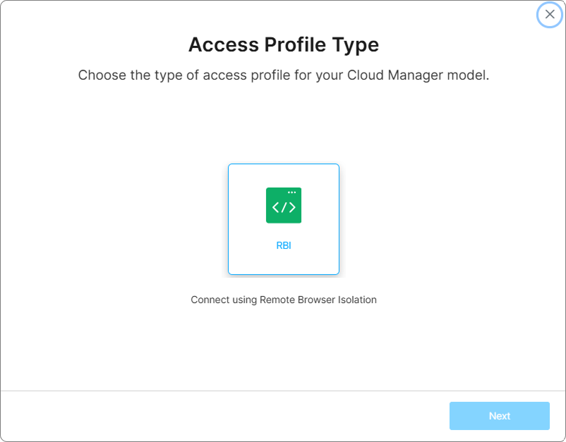 The Access Profile Type dialog with RBI selected The Access Profile Type dialog with RBI selected