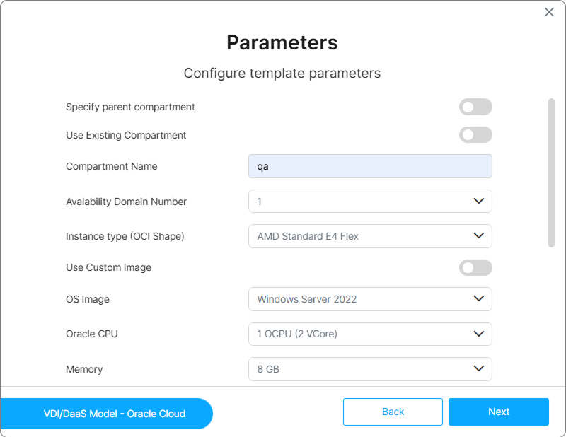 Parameters step with Compartment Name, Admin username and Admin password filled, other fields at defaults Parameters step with Compartment Name, Admin username and Admin password filled, other fields at defaults