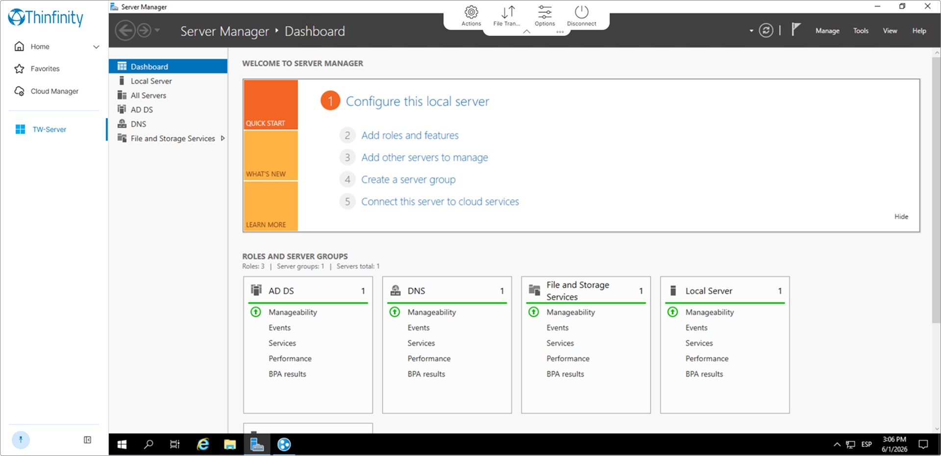 Thinfinity Workspace dashboard — OCI VDI — General tile and the active RDP session inside the browser Thinfinity Workspace dashboard — OCI VDI — General tile and the active RDP session inside the browser