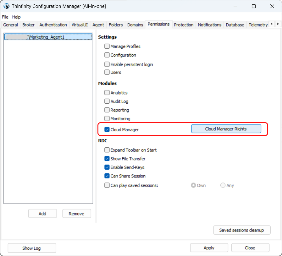Configuration Manager — Permissions tab showing user/group assignment Configuration Manager — Permissions tab showing user/group assignment