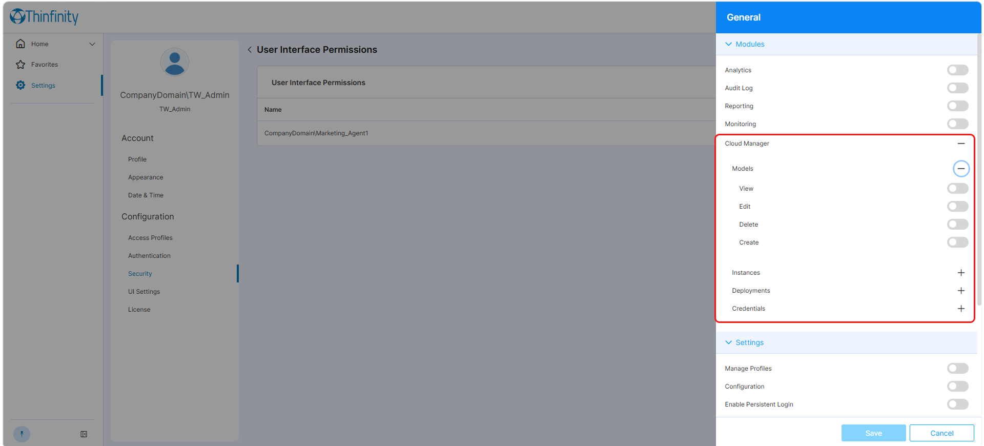 Web Manager — User Interface Permissions showing Cloud Manager Web Manager — User Interface Permissions showing Cloud Manager