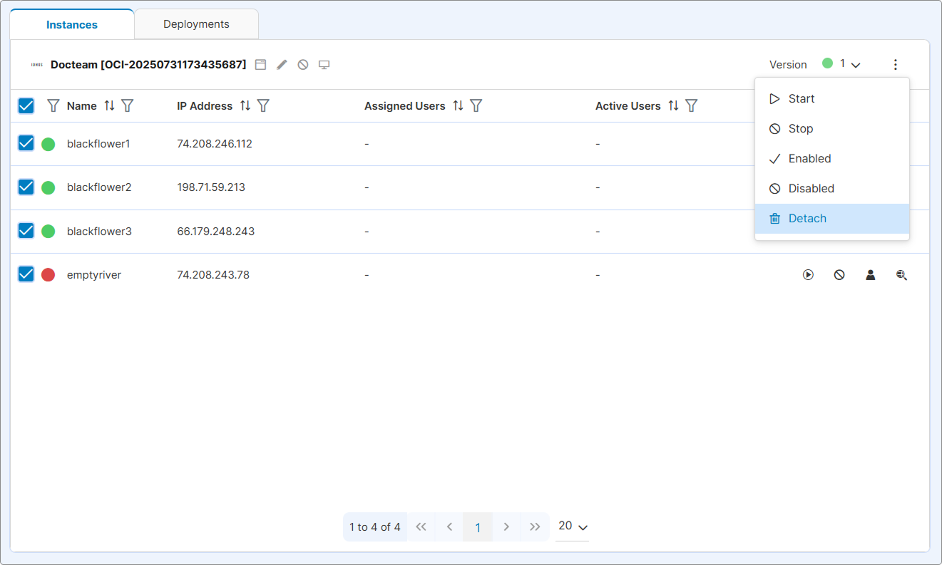 Instances tab with multiple instances selected and the bulk actions kebab open showing the Detach option Instances tab with multiple instances selected and the bulk actions kebab open showing the Detach option