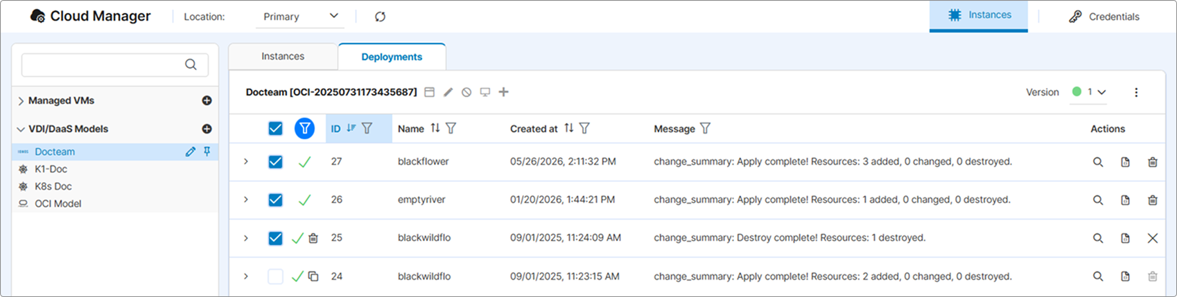 Cloud Manager addon — model tree with the edit icon highlighted on a model row