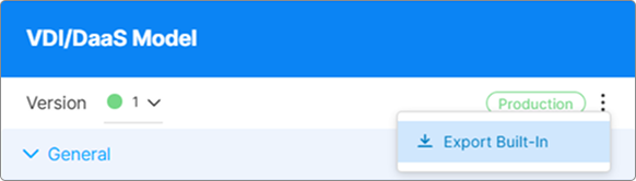 Mode selector kebab open with "Export Built-In" highlighted Mode selector kebab open with "Export Built-In" highlighted