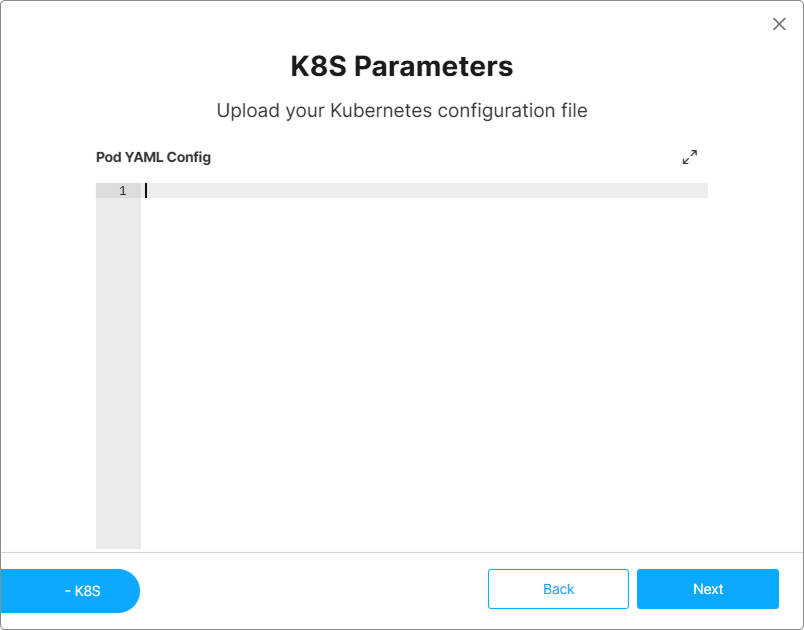 The K8S Parameters step, where you provide the Pod YAML Config