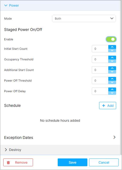 Power tab in the model editor with Mode = Both selected and the Staged Power On/Off section expanded, showing the Enable toggle and the five numeric fields Power tab in the model editor with Mode = Both selected and the Staged Power On/Off section expanded, showing the Enable toggle and the five numeric fields