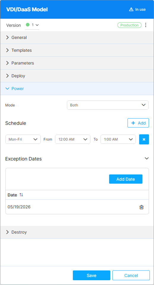 Power tab in the model editor — Both mode selected, showing Stop after disconnect and the schedule entries Power tab in the model editor — Both mode selected, showing Stop after disconnect and the schedule entries