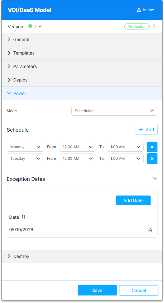 Power tab in the model editor — Scheduled mode selected with two schedule entries visible Power tab in the model editor — Scheduled mode selected with two schedule entries visible