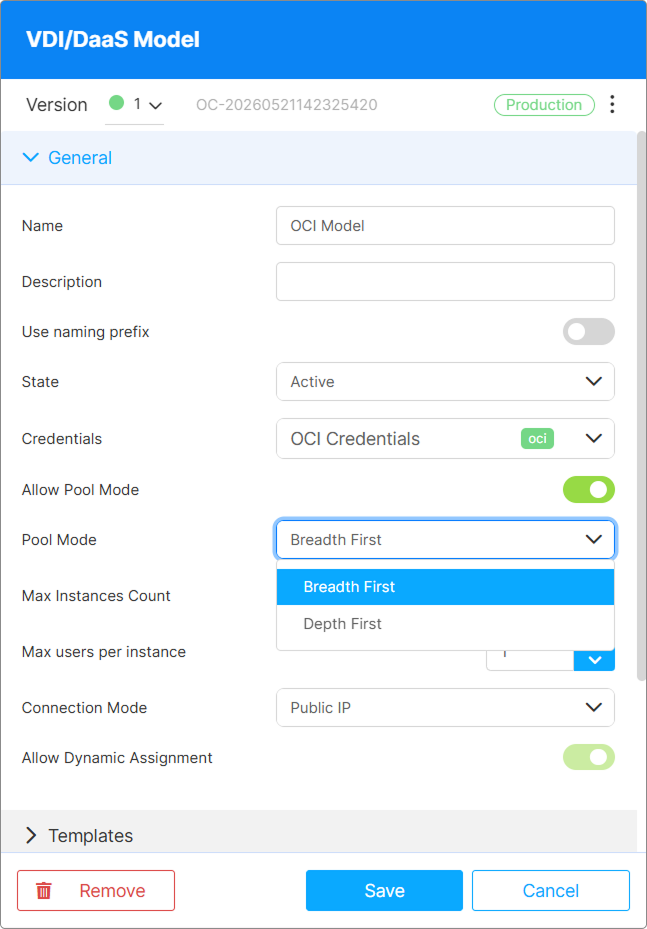 Model editor's General tab with Allow Pool Mode on, showing the Pool Mode dropdown (Breadth First selected), Max Instances Count, and Max users per instance Model editor's General tab with Allow Pool Mode on, showing the Pool Mode dropdown (Breadth First selected), Max Instances Count, and Max users per instance