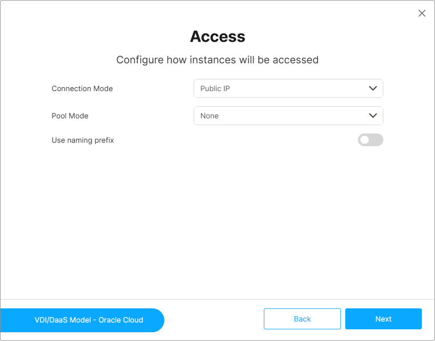 Provisioning step showing Connection Mode and Pool Mode selectors