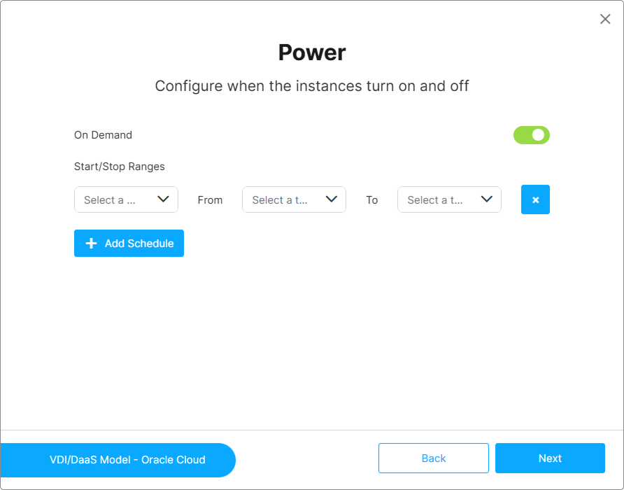 Power step showing the On Demand toggle and the Add Schedule control