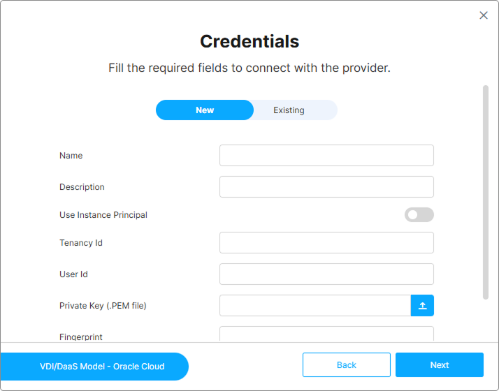 Credentials step with the New / Existing toggle and the credential form below