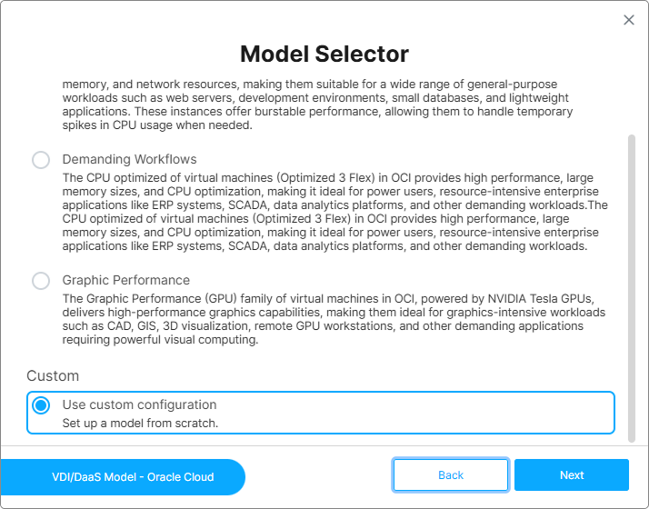 Model Selector step with the Custom options selected