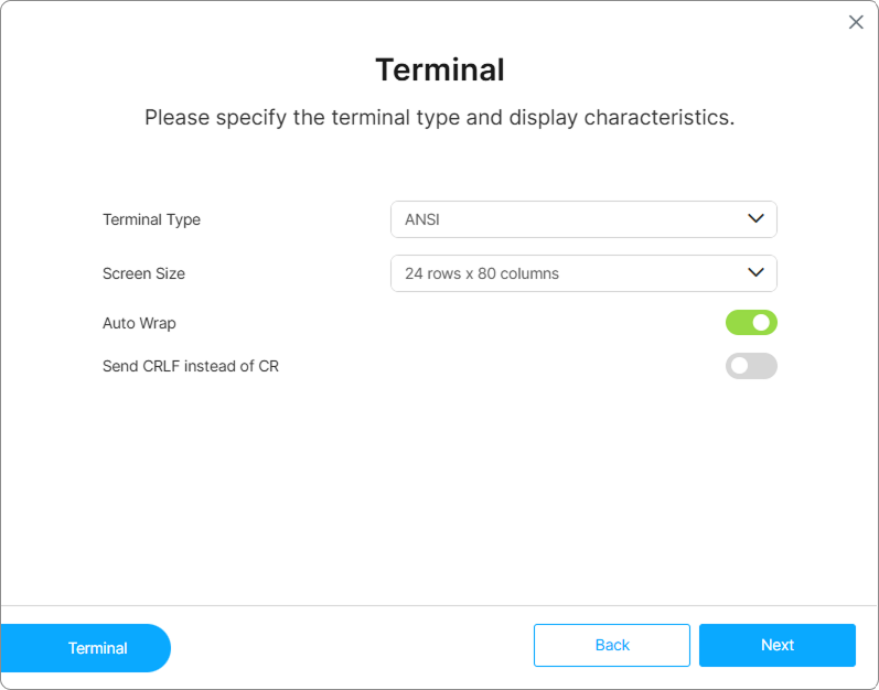 Wizard Terminal Emulation Type
