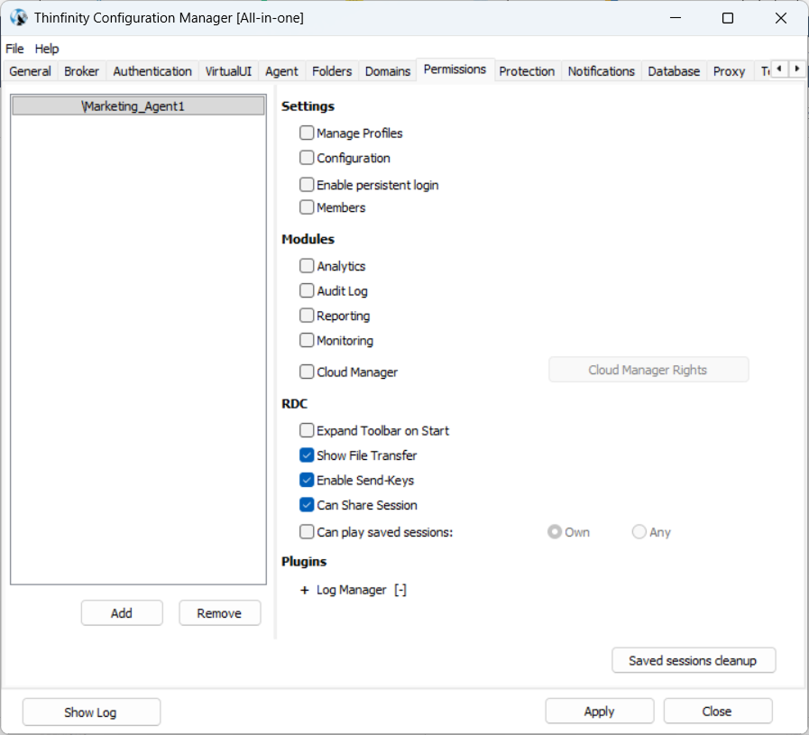 Permissions tab of the Configuration Manager Permissions tab of the Configuration Manager