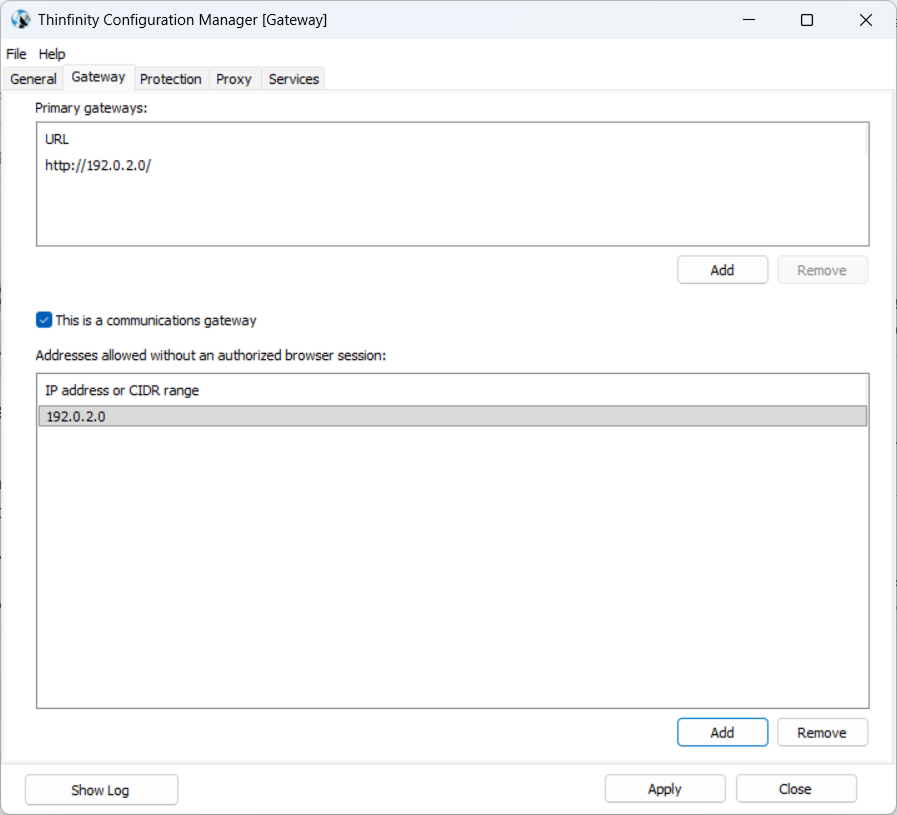 Gateway tab in the Configuration Manager Gateway tab in the Configuration Manager