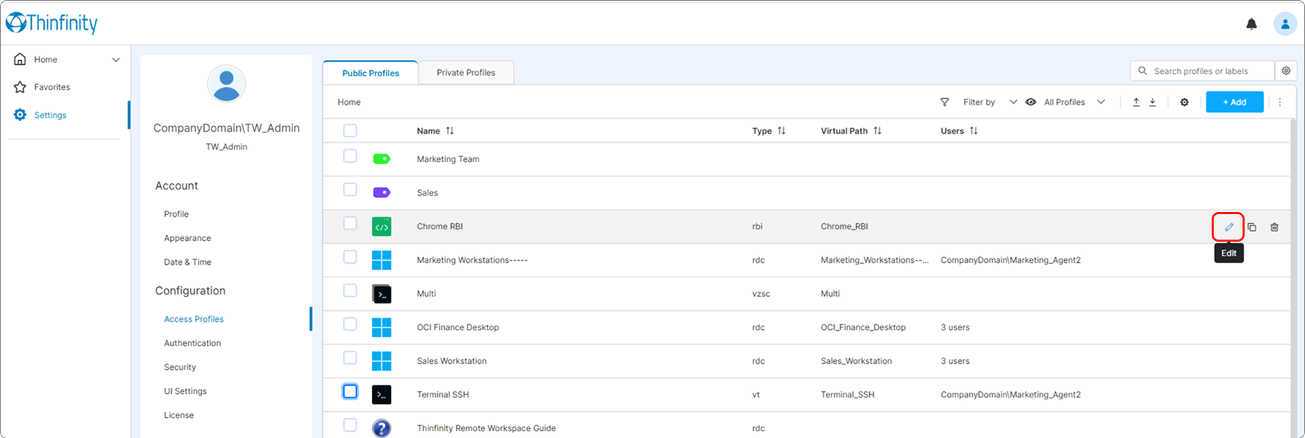 Select Edit for the RBI Access Profile in the Public Profiles list