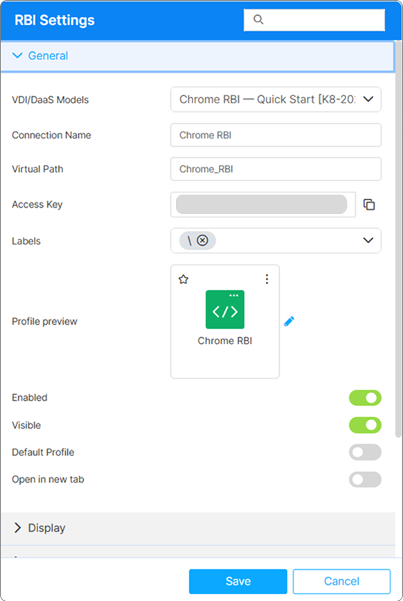 The RBI Settings editor with the General section expanded