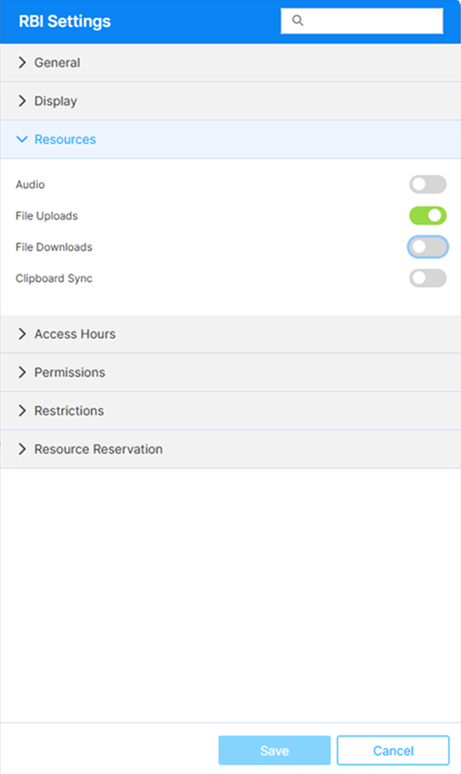 The Resources section of the RBI Settings editor