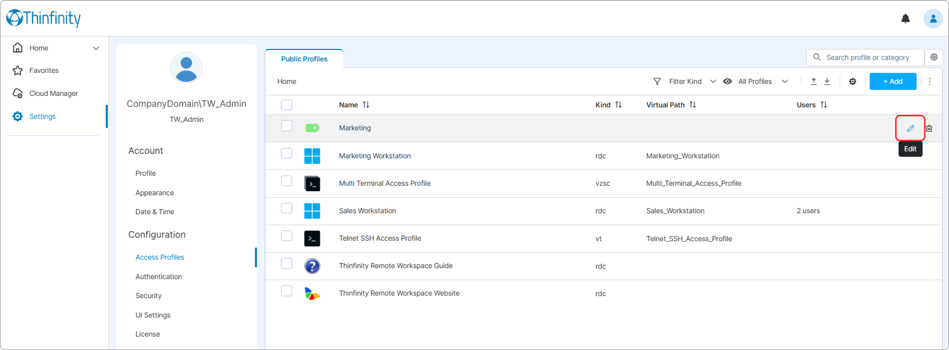 Edit Label From Access Profiles