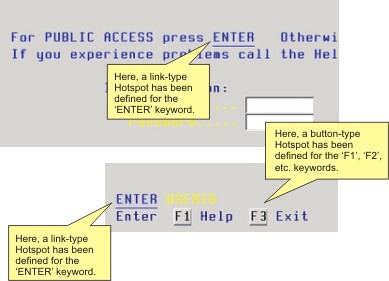 Web-based HTML5 TN3270 TN5250 VT100 Terminal Emulation HotSpots Example Button Link