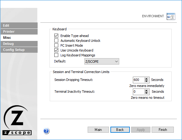 Web-based HTML5 TN3270 TN5250 VT100 Terminal Emulation Settings Environment Misc Keyboard Type-Ahead Unlock PC Insert Mode Log Mappings Default