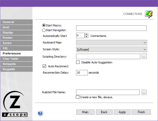 Web-based HTML5 TN3270 TN5250 Terminal Emulation Settings Prefereces Macro Navigator Automatically Start Keyboard Map Screen Style Scripting Directory Auto Reconnect Delay