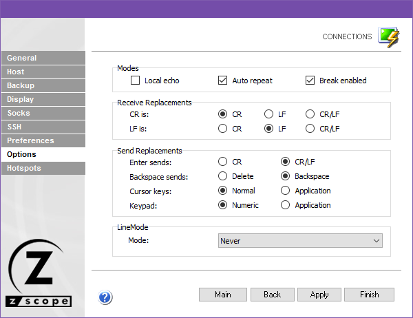 Web-based HTML5 VT100 Unix Telnet Terminal Emulation Settings Options Modes local Echo Auto Repeat Break Enabled Receive Replacements CR LS Send Enter Backspace Cursor keys keypad Normal Numeric Application LineMode