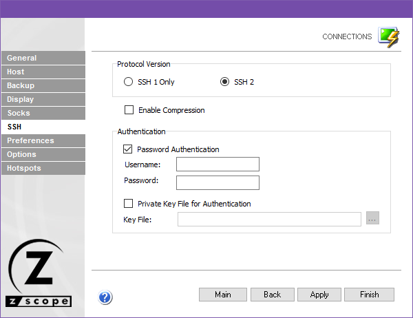 Web-based HTML5 VT100 Unix Telnet Terminal Emulation Settings SSH Protocol Version Compression Password Authentication Username Private Key File