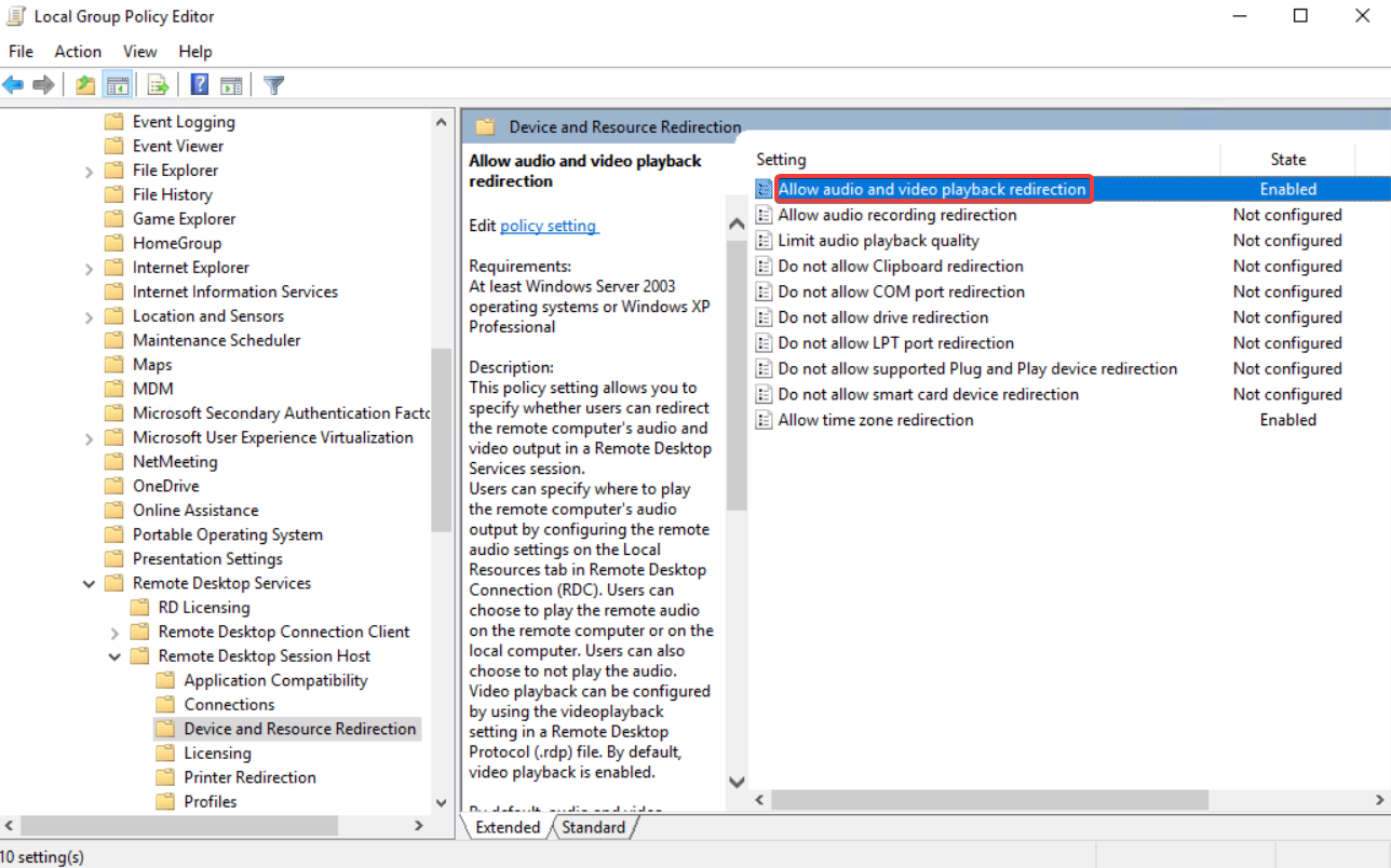 Allow audio, clipboard and drive redirection via policy, step 01
